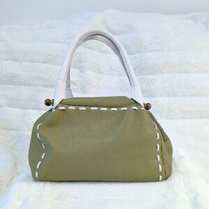 Vintage 90s Olive Green & White Leather Brass Knobs Mini Duffel Handbag